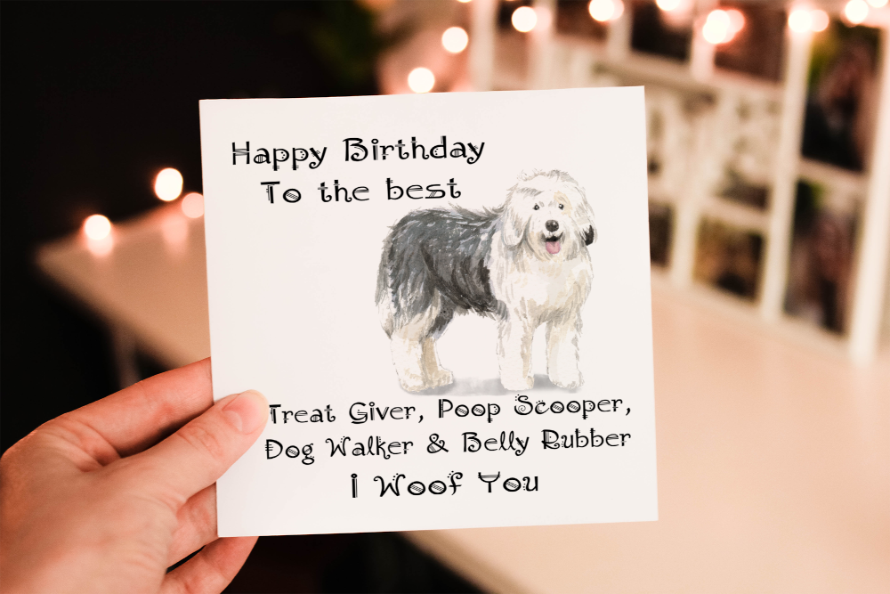 Old English Sheepdog Birthday Card, Dog Birthday Card